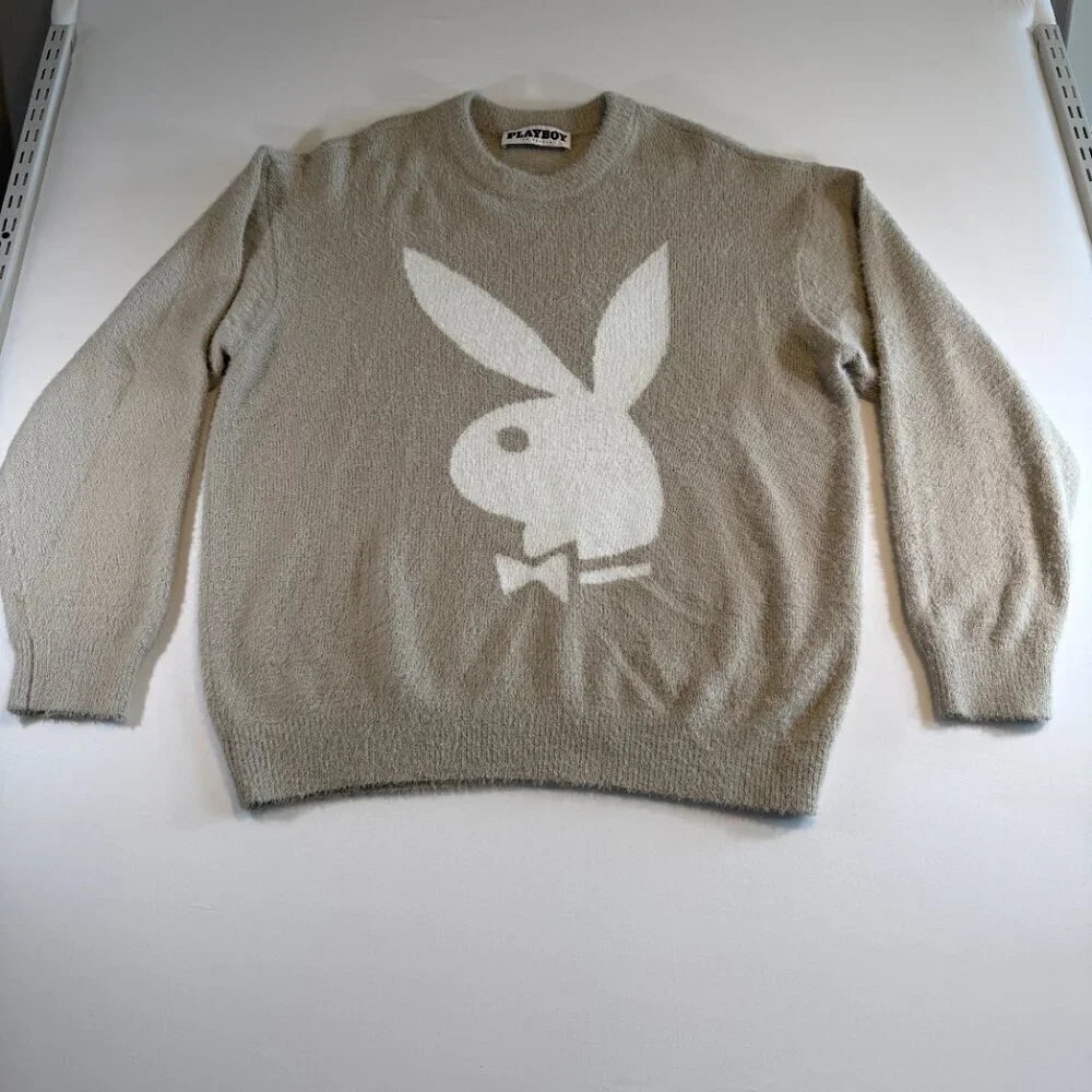 PLAYBOY Fuzzy Bunny Head PacSun Crew Neck Sweater Tan Beige XL